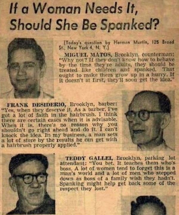 a news clipping asking if women should be spanked