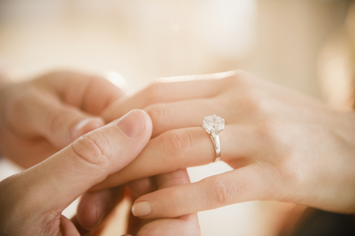 Close-up of an engagement ring on a finger