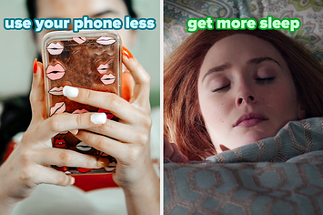 On the left, someone texting labeled use your phone less, and on the right, Elizabeth Olsen sleeping in bed as Wanda on WandaVision labeled get more sleep