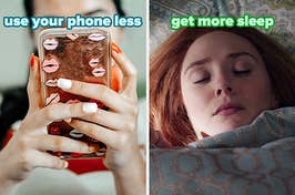 On the left, someone texting labeled use your phone less, and on the right, Elizabeth Olsen sleeping in bed as Wanda on WandaVision labeled get more sleep