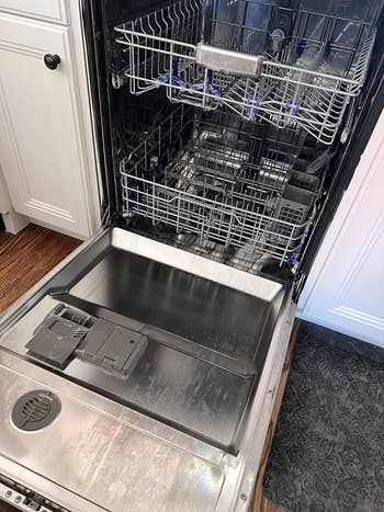 reviewer's dishwasher before, with buildup on interior or stainless steel door