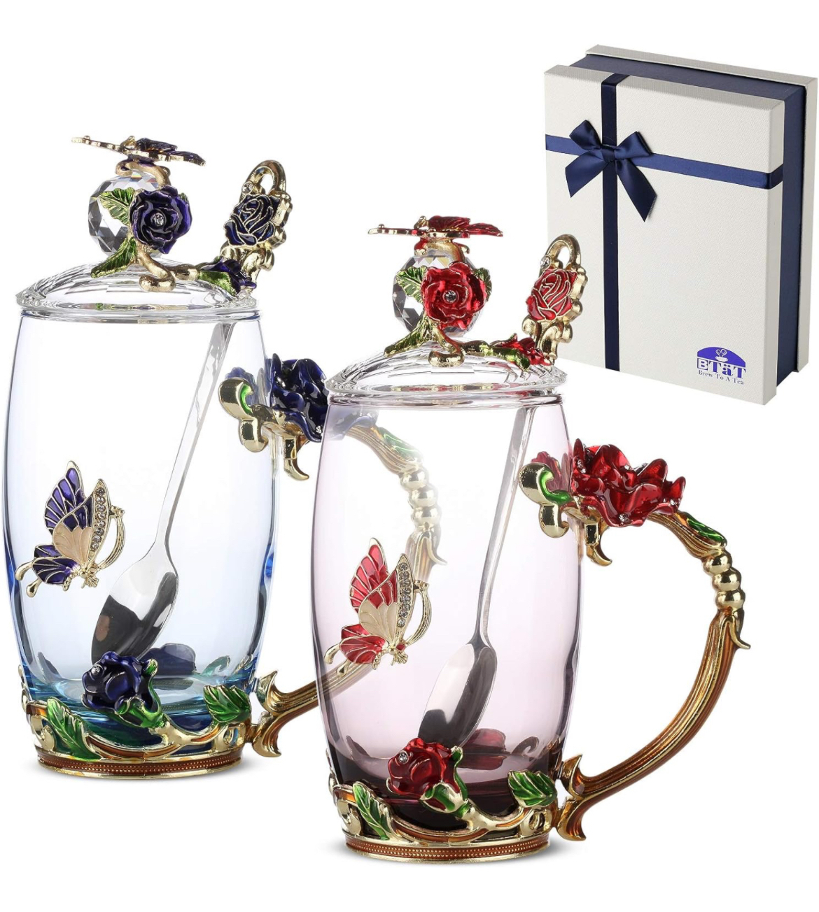 Two glass cups featuring flowers and butterflies