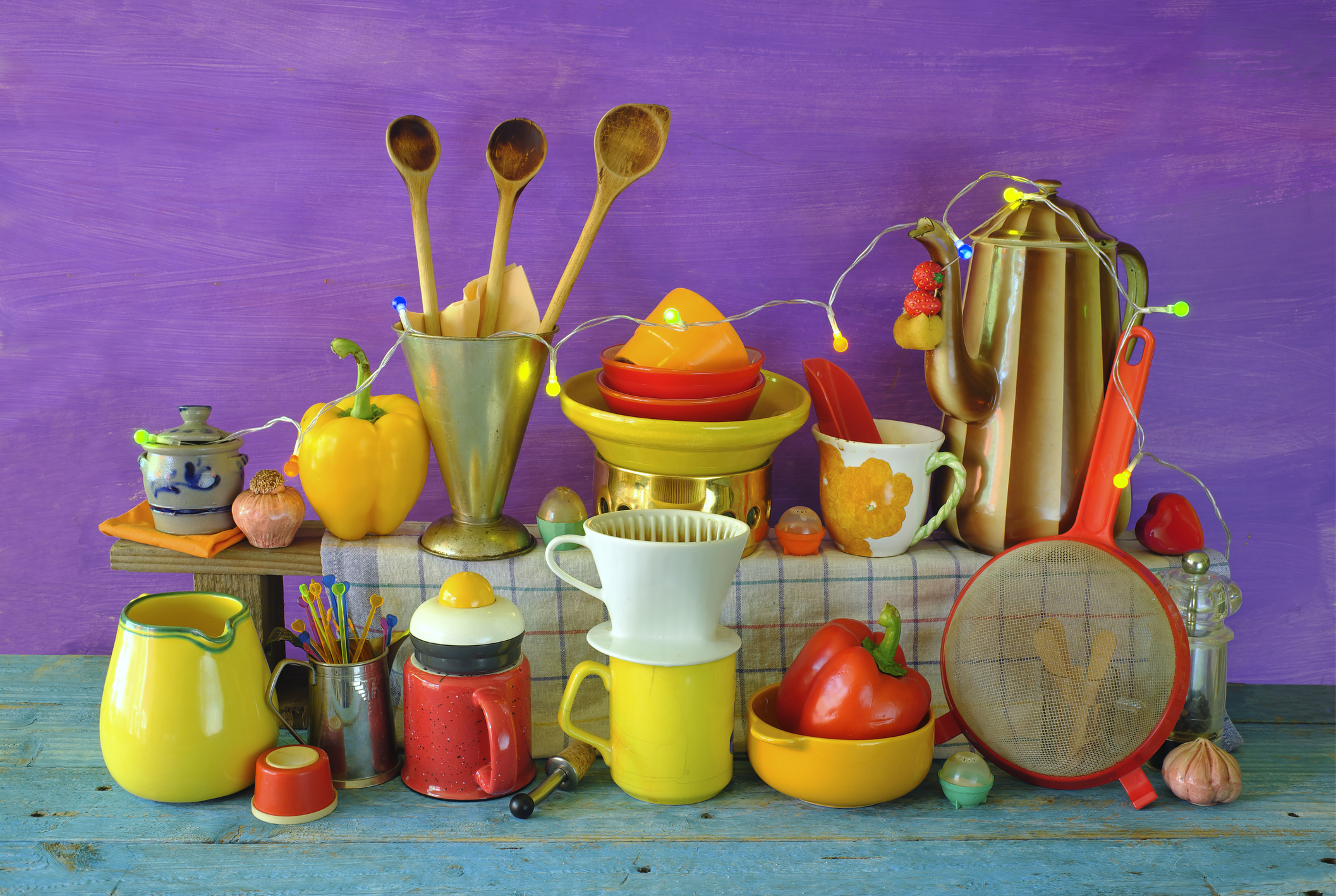 An eclectic assortment of colorful kitchen items