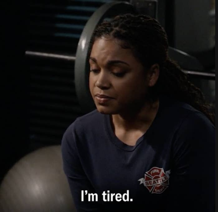 a woman saying, "I'm tired."