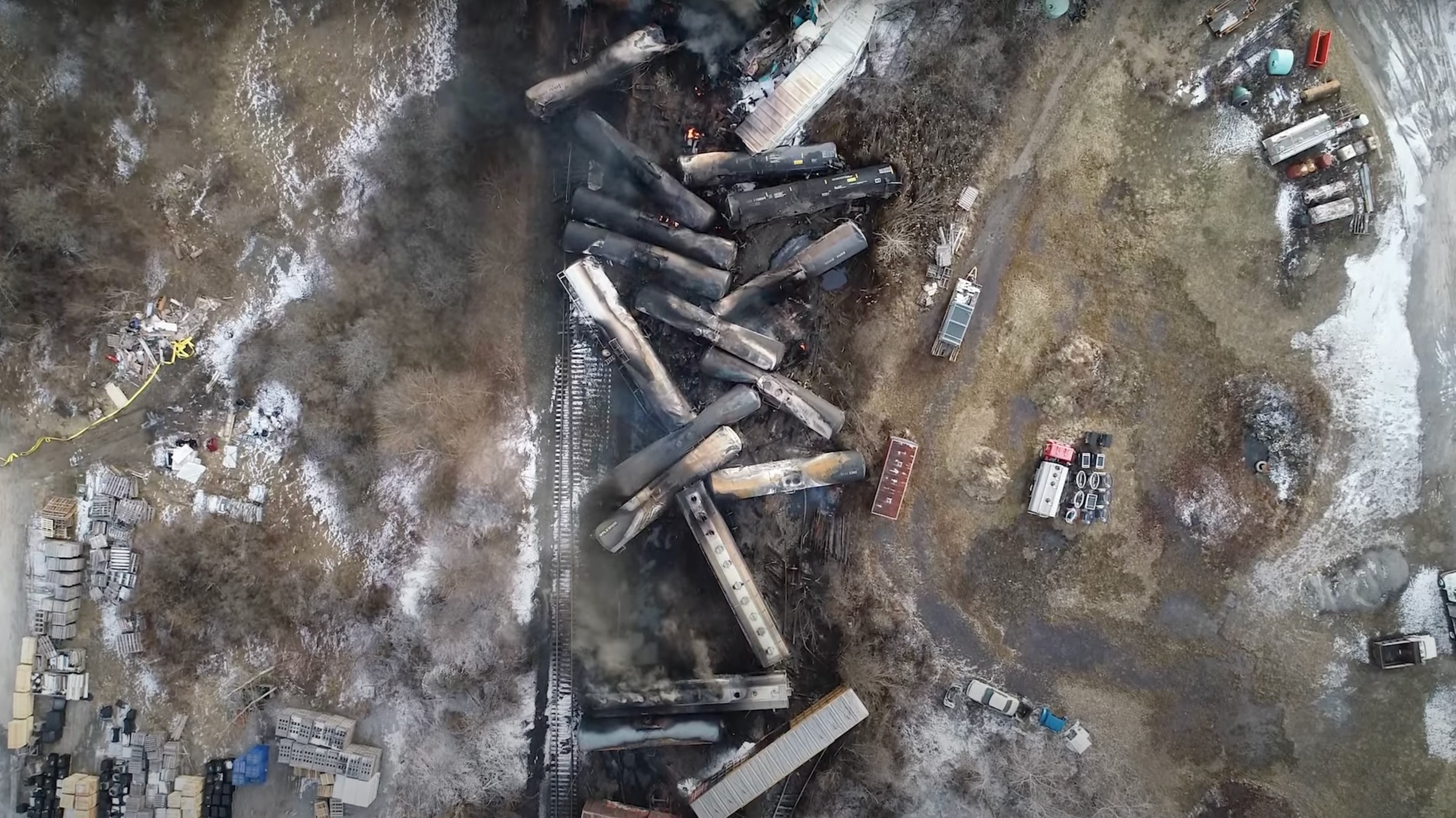 video screenshot released by the U.S. National Transportation Safety Board (NTSB) shows the site of a derailed freight train in East Palestine, Ohio