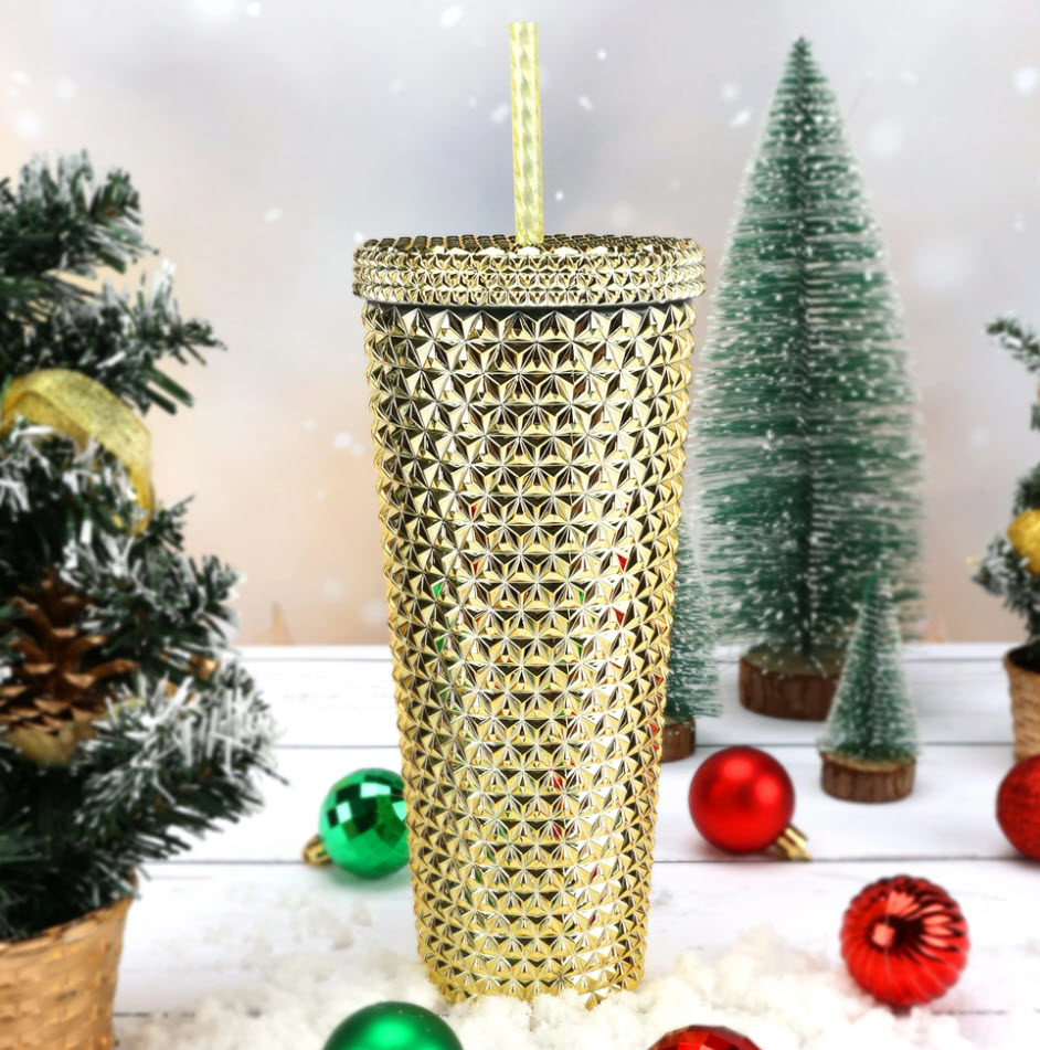 gold textured reusable tumbler with straw