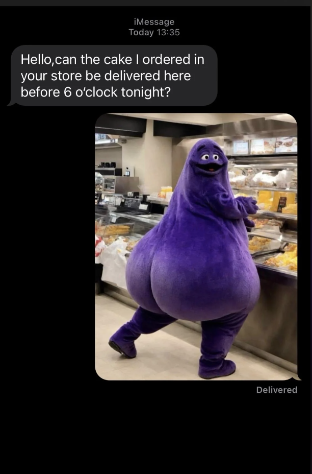 person asking a baker about a cake pick up and person sends them a photo of a mcdonalds character with a big butt