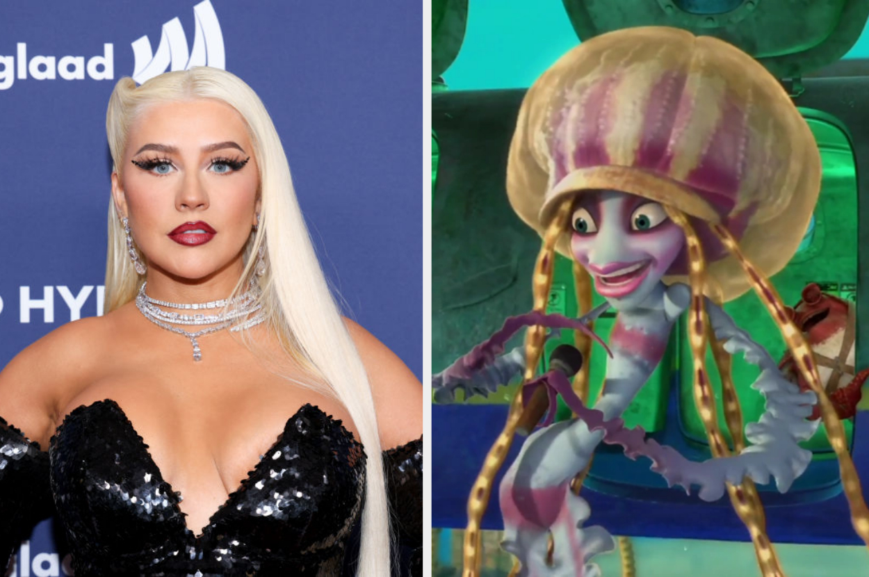 Side-by-side of Christina Aguilera as herself and as a fish