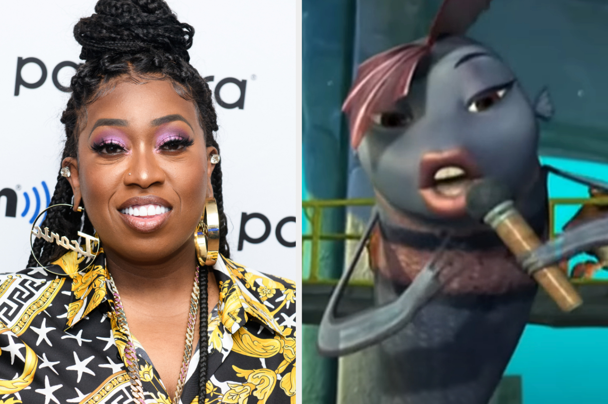 Side-by-side of Missy Elliott as herself and as a fish