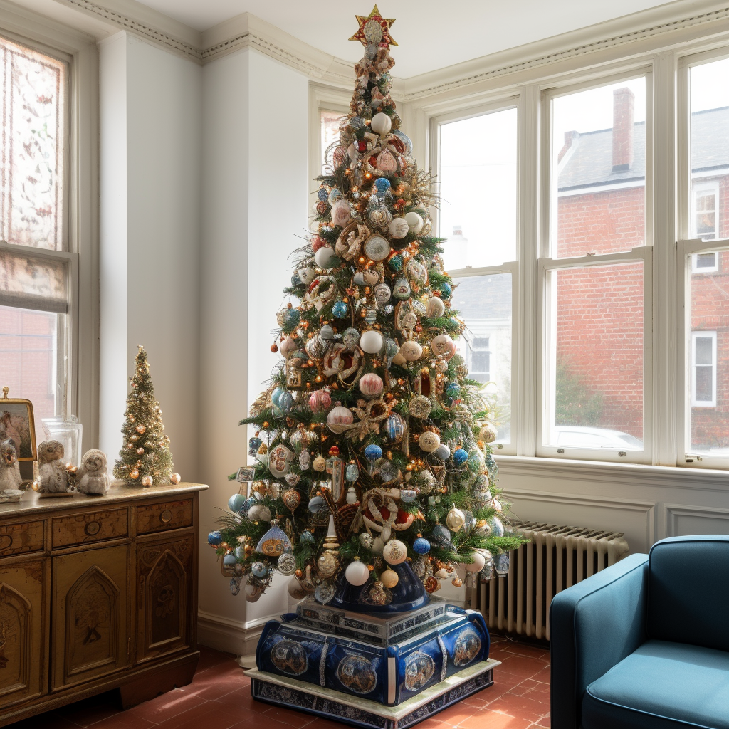 A Christmas tree with a large, ornate stand in the corner of a living room near a radiator that&#x27;s full of various ornaments with a small star on top