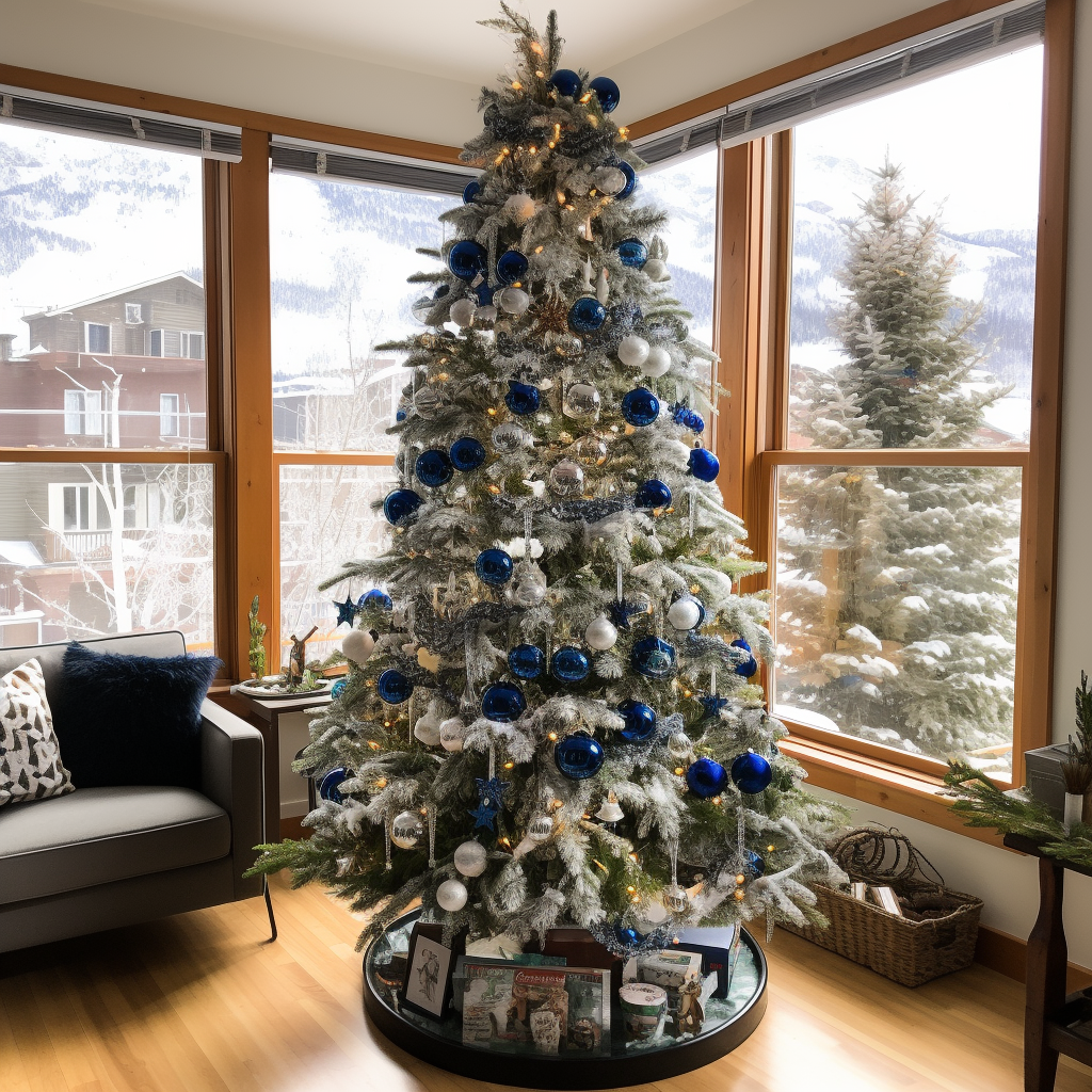 A Christmas tree in the corner of a living room next to some windows that looks like it&#x27;s covered in snow with lights and simple ornaments on it with a few trinkets placed underneath it