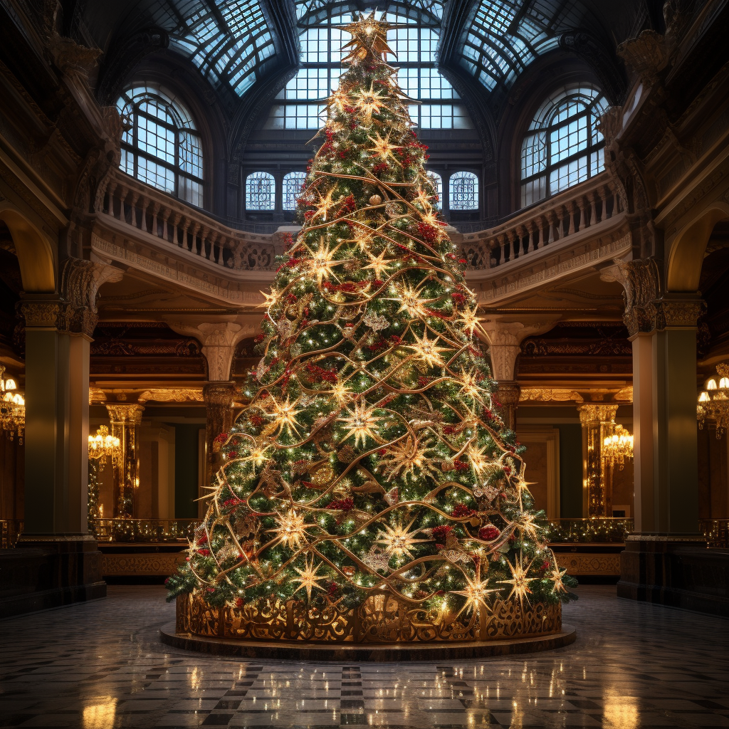 A very tall and grand Christmas tree in a great hall that&#x27;s covered in golden lights, star-shaped ornaments, and ribbons, with a star on top and a short gate-like device on the bottom