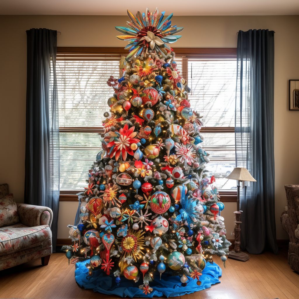 A Christmas tree that&#x27;s absolutely covered in warm lights and various ornaments with a peacock and flower-like topper