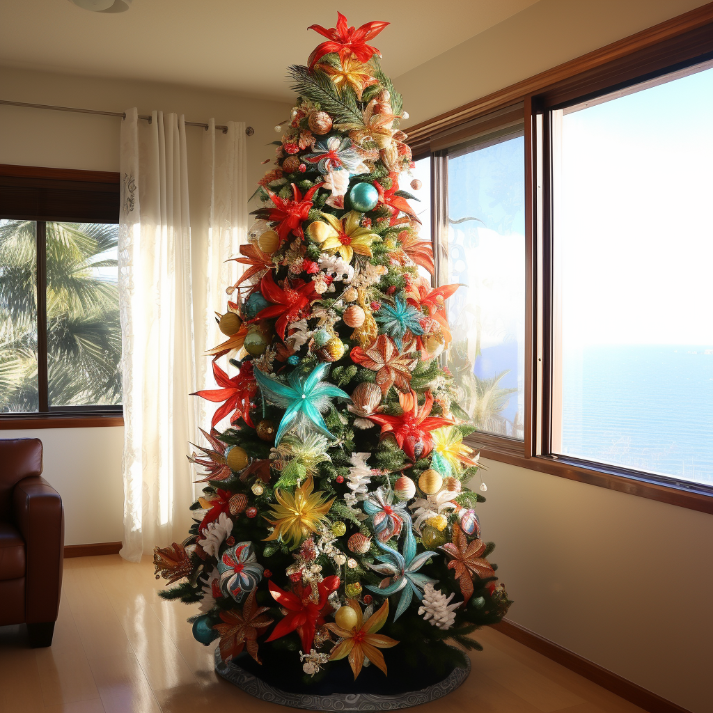 A tall Christmas tree covered in tropical-looking flowers with a floral topper