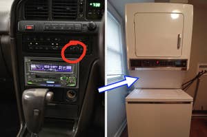 a close up of a car radio and an old washer dryer