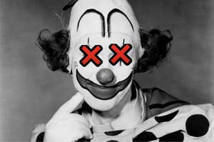 A vintage black and white clown with red x's over his eyes