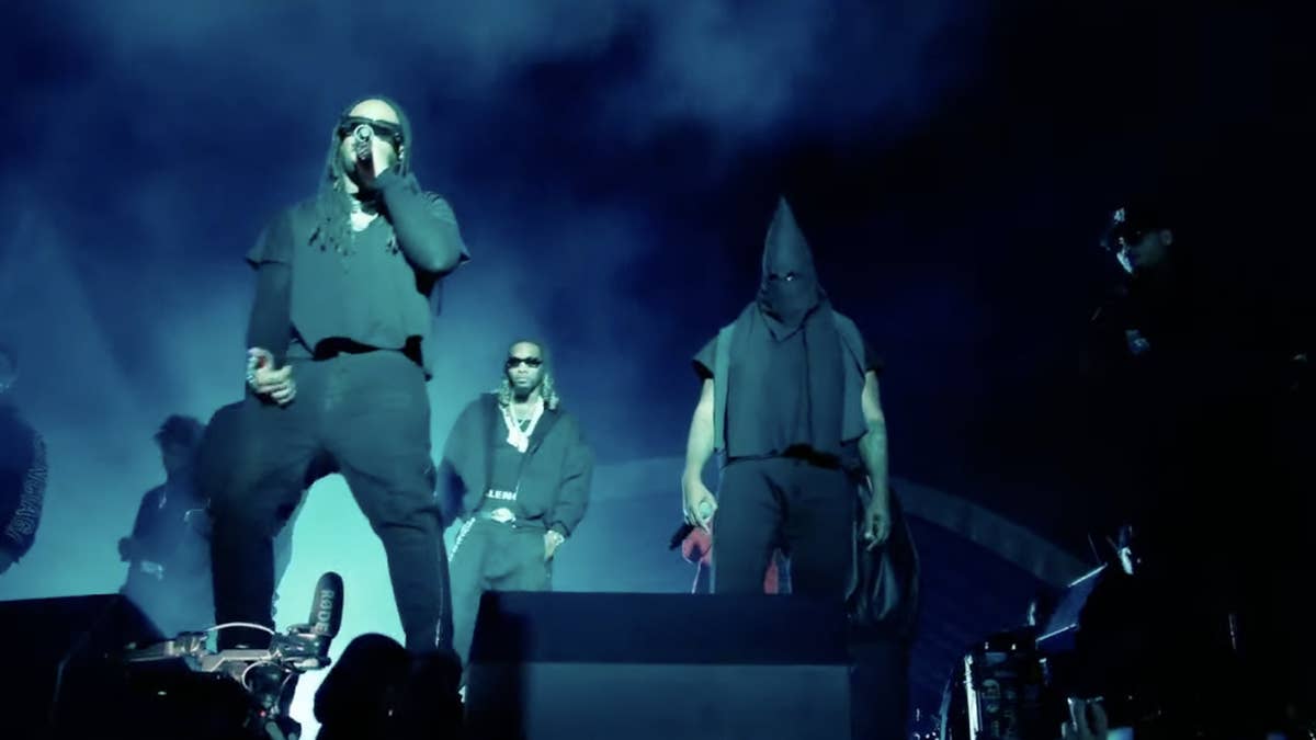 The conical hood imagery, reminiscent of the KKK, was previously used in the music video for 'Yeezus' track "Black Skinhead."
