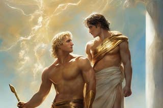 Achilles and Patroclus staring intently at each other.