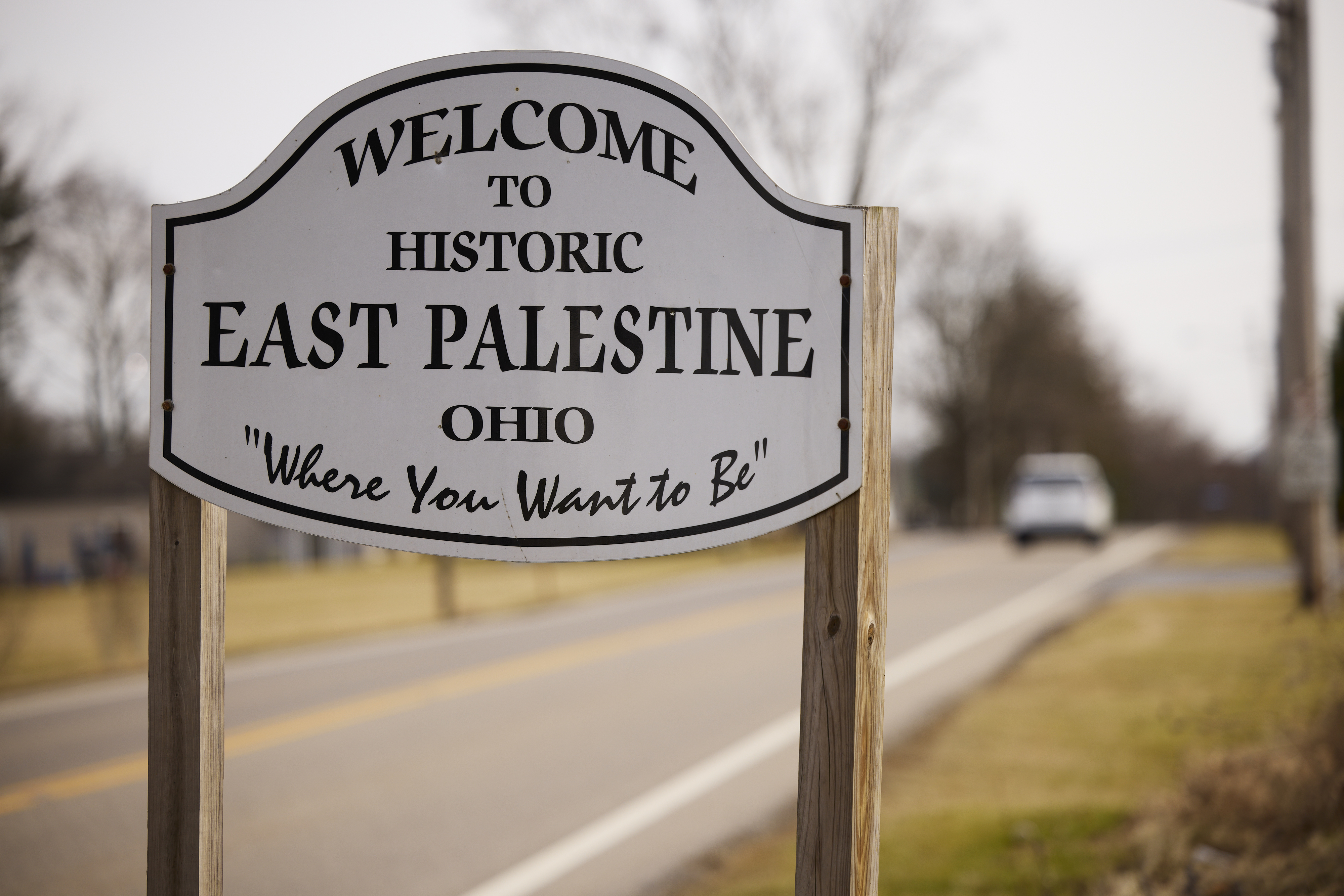 A sign welcomes visitors to the town of East Palestine, Ohio