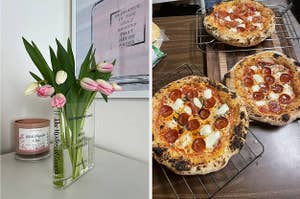 clear vase shaped like a book / pizzas