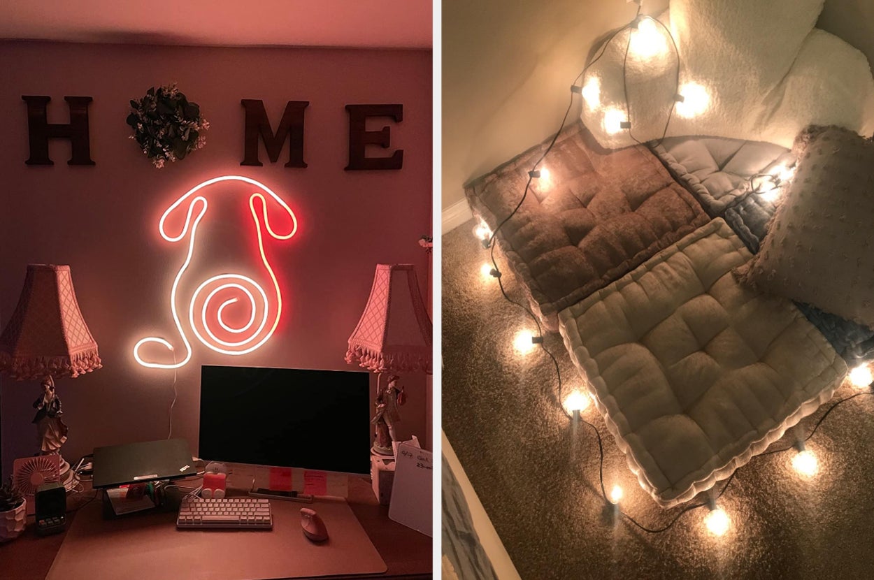a neon rope light in the shape of a dog hung above a desk / chenille tufted pillows with lights strung around them
