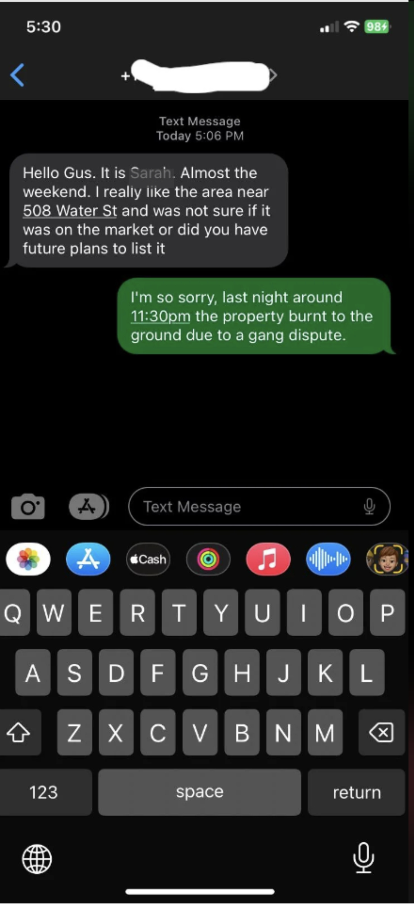 person tries to reach out to a realtor but the person responds the property burned down