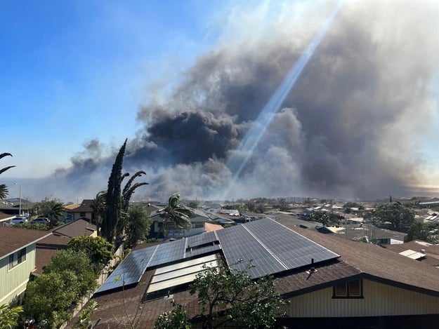 shows smoke clouds of wildfires near downtown Lahaina, Maui, Hawaii, the United States