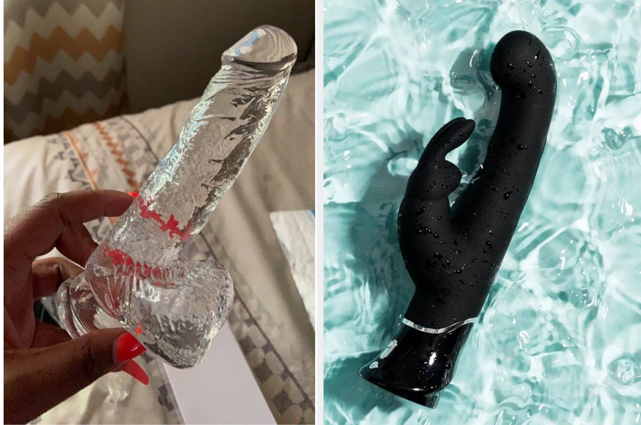 reviewer holding transparent dildo and black rabbit vibrator on display in pool of water