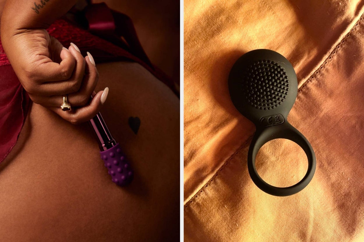 model posing with purple bullet vibrator near thigh and black dual-stimulate cock ring with vibrating pad on display