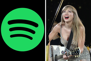 On the left, the Spotify logo, and on the right, Taylor Swift smiling and playing the guitar on stage at the Eras Tour