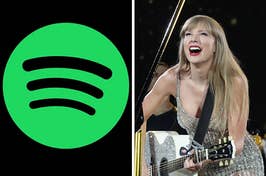 On the left, the Spotify logo, and on the right, Taylor Swift smiling and playing the guitar on stage at the Eras Tour