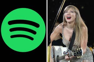 On the left, the Spotify logo, and on the right, Taylor Swift smiling and playing the guitar on stage at the Eras Tour