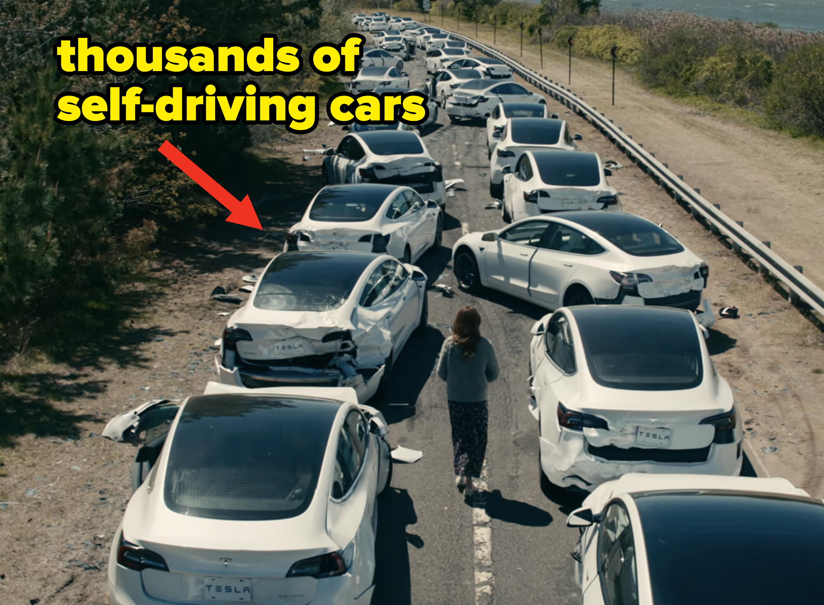 a line of self-driving cards that crashed