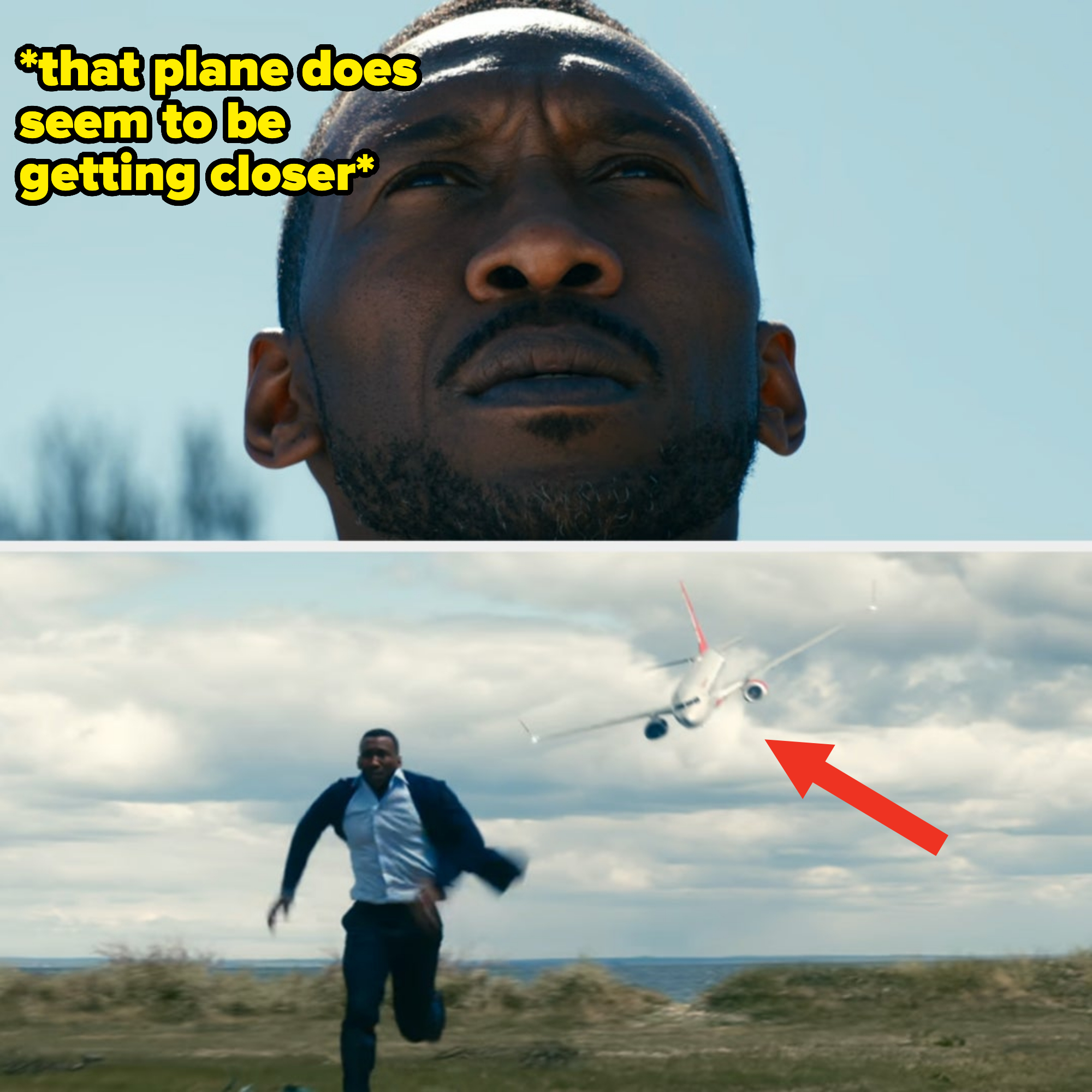 G.H. staring at the sky and running from a plane heading right towards him