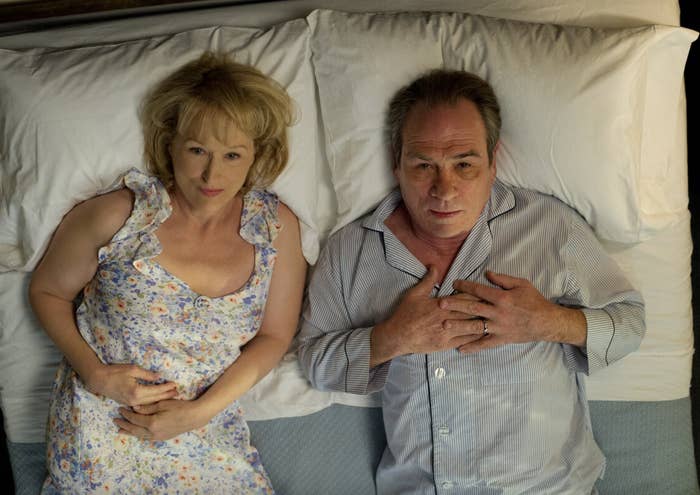 Meryl Streep and Tommy Lee Jones lying next to each other in bed, as seen in the film &quot;Hope Springs&quot;