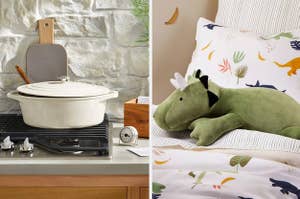 on left: white Dutch oven. on right: plush green dinosaur-shaped pillow