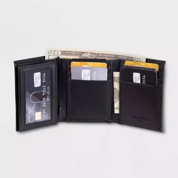 black wallet open to show multiple card holders and space for cash