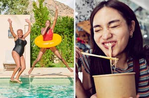 On the left: Two middle-aged women excitedly jumping into a swimming pool in Spain — On the right: A young woman eating noodles out of a bowl while smiling happily