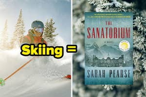 A person skiing and the cover of "The Sanatorium" book.