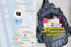 the reviewer's luggage air tag on the "Find My" app and a theft-proof backpack