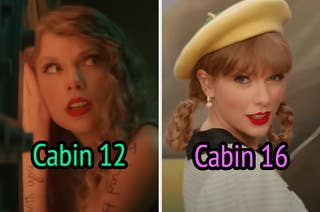 On the left, Taylor Swift in the I Can See You music video labeled Cabin 12, and on the right, Taylor in the Karma music video labeled Cabin 16
