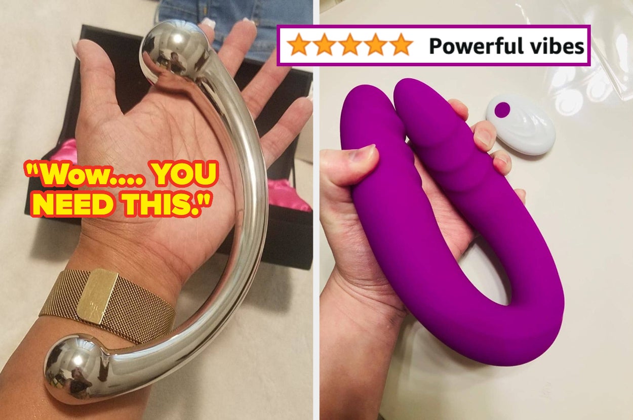 reviewer holding metal dual-ended dildo and reviewer holding pink dual-ended vibrating dildo with white wireless remote