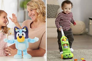 on left: Bluey plush toy. on right: child playing with small green vacuum that has colorful pieces