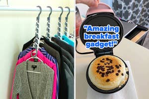 A photo of clothes hung on Wonder Hangers and a reviewer photo of a pancake made in a pink Dash mini maker