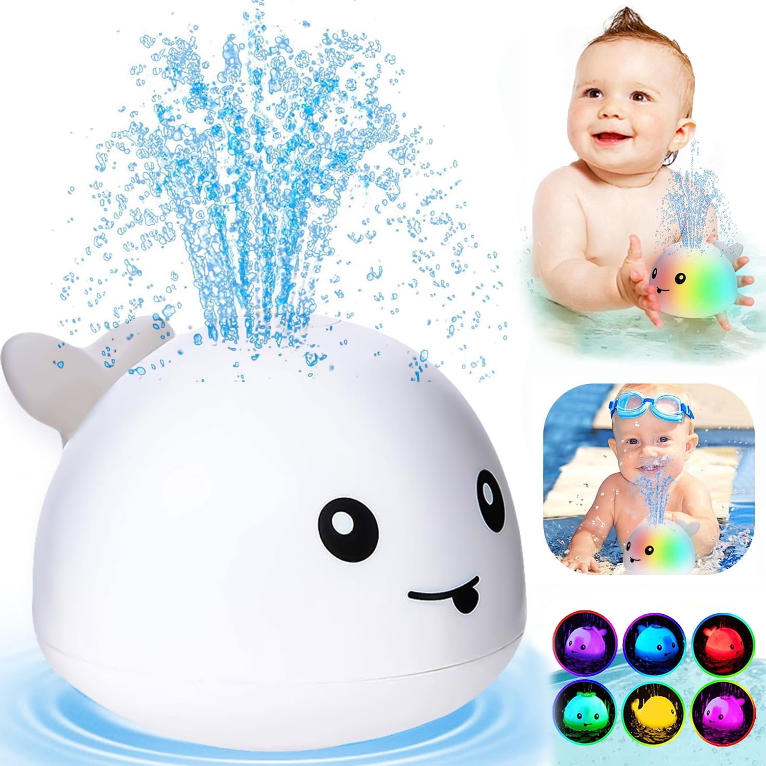 baby playing with color changing whale in the water