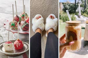 to the left:  holiday themed cake pops, middle: fuzzy open toe slippers, to the right: a glass iced coffee cup