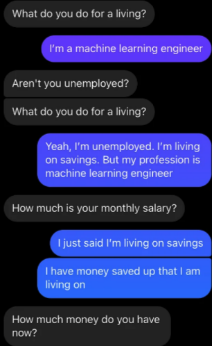 person continuing to ask how much the other person makes and how much they have