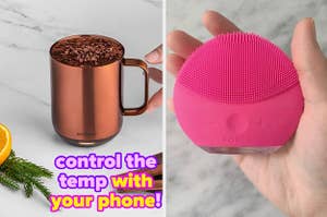 copper smart mug and BuzzFeed editor Maitland Quitmeyer holding pink Foreo tool