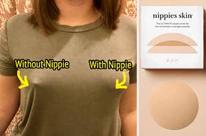 reviewer demonstrating nipple covers through t-shirt and photo of nipple cover with box