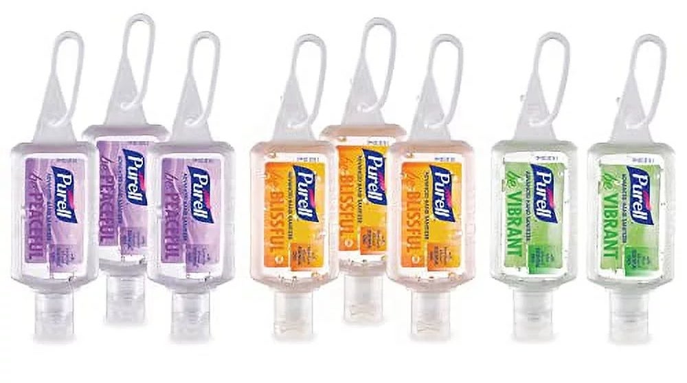 8 Purell hand sanitzers with different color labels